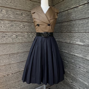 1950s two tone day dress brown and black sleeveless frock small 