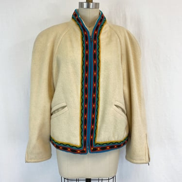 Vintage 80s Wool Jacket | Ecru Mondi Coat with Colorful Trim | Zip Front | Women's Size Medium 