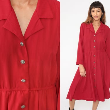 Red Button Up Dress Midi Dress 90s Shirtdress Plain Vintage 1990s Long Sleeve Collared High Elastic Waist Dress Solid Medium 8 Petite 