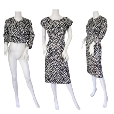 NWT 1960's Black White Graphic Print Wiggle Dress with Cropped Jacket I Sz Med I Emporium 