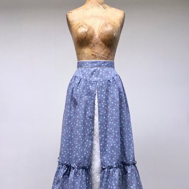 Vintage 1970s Cottage Core Skirt, Blue Cotton Calico Print, Ruffled Prairie Style, Peasant Skirt, Boho Gypsy Skirt, Small 