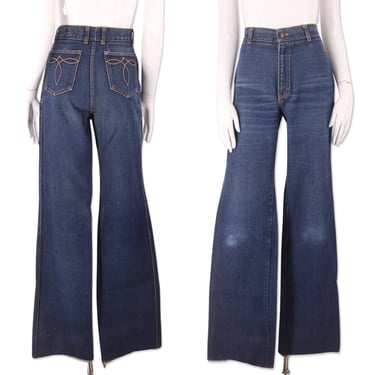 70s LE CRAB denim flares  jeans 28", vintage 1970s dark wash jeans, 70s high rise jeans, 70s pants, 70s flares , 70s bells sz 8 