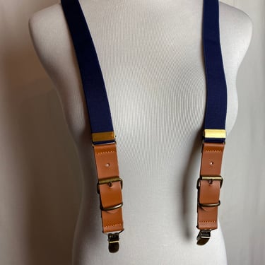 Vintage style suspenders navy blue with brown gold closures Open size adjustable length one size fits most 1920’s 30’s style bartender vibes 