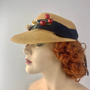 Vintage 1940'S Brimmed Woven Straw Hat with Center Cutout Reveal - Red Cherries & Vintage Flowers - Navy Grosgrain Ribbon 