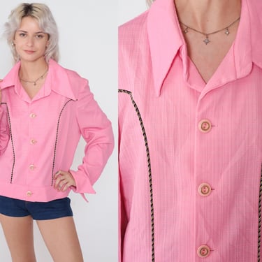 Bubblegum Pink Shirt 70s Button up Shirt Long Sleeve Dagger Collar Jacket Top Retro Collared Disco Shacket Vintage 1970s Mens Extra Large xl 