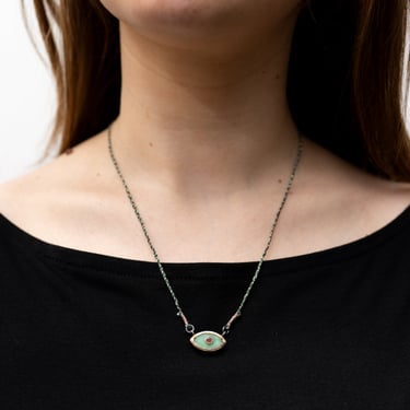 10K Gold, Sterling Silver, Chrysoprase and Pink Tourmaline Eye Necklace