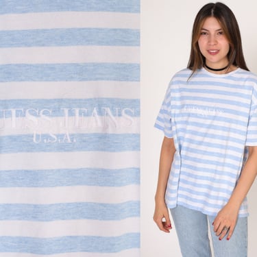 Guess Jeans USA T-Shirt Y2K Striped Embroidered Logo Shirt White Blue Simple Basic Plain Streetwear Tee Retro TShirt Vintage 00s Large L 