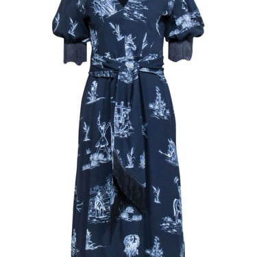 Lela Rose - Navy & Blue Floral Crop Sleeve Dress Sz 6