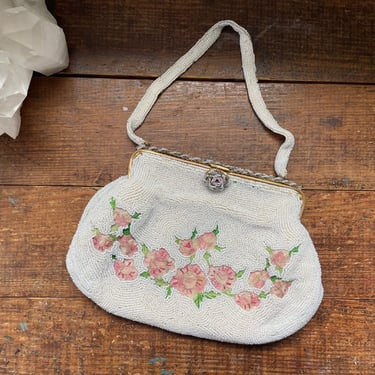 1940s 50s Pastel Beaded Evening Bag - Pearls & Embroidered Flowers