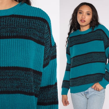 Turquoise Striped Sweater 80s Knit Grunge Sweater Slouch 1980s Vintage Pullover Retro Black High Sierra Men's Oversized Extra Large xl 