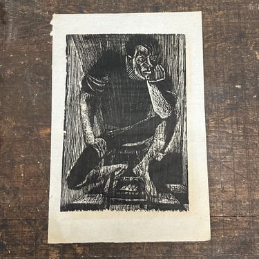 1960s Woodcut of Man Deep in Thought - Unsigned - Mystery Artist - Rare Vintage Woodblock - Minnesota Art Collection 