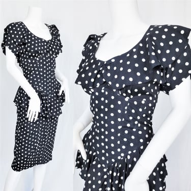 Corset Waist 1980's Karen Alexander Black White Polka Dot Rayon Wiggle Dress I Sz Med I Peplum I Lindissima 