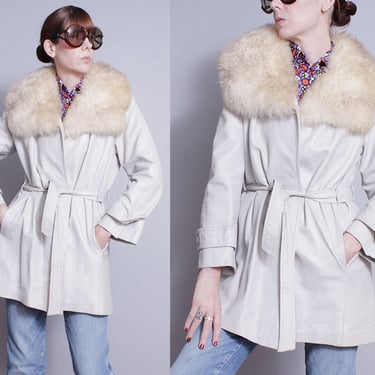 Vintage 1970's | Light Gray | Leather | Faux Shearling | Large Collar | Coat | Jacket | M/L 
