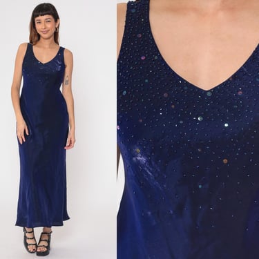 Iridescent Blue Beaded Dress 90s Party Maxi Sequin Long Cocktail Prom Sleeveless 1990s Vintage V Neck Medium 8 