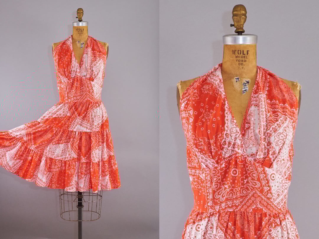 Vintage 60s Bandana Sundress Halter Neck Dress Red Small Babe Loves