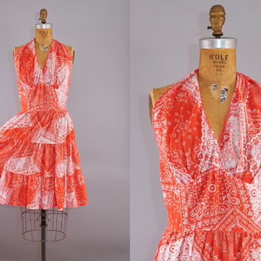 Vintage 60s Bandana Sundress Halter Neck Dress Red Small 