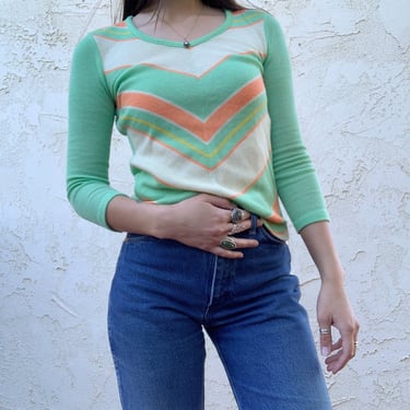 Vintage 70’s Bel Ami Green Striped Knit Acrylic Long Sleeve Pullover Sweater 