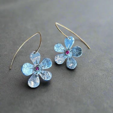 Forget Me Not flower dangles with rubies in sterling silver handmade floral earrings 