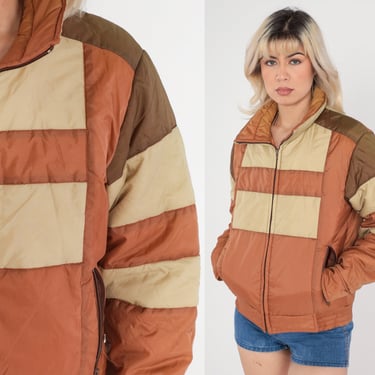 70s Puffer Jacket Brown Ski Jacket Striped Insulated Jacket Retro Zip Up Coat Winter Beige Vintage 1970s Men's Small s 