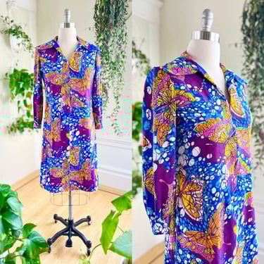 Vintage 1970s Dress | 70s Butterfly Novelty Print Long Sleeve Psychedelic Retro Shift Dress | large/x-large 