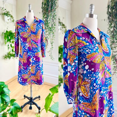 Vintage 1970s Dress | 70s Butterfly Novelty Print Long Sleeve Psychedelic Retro Shift Dress | large/x-large 