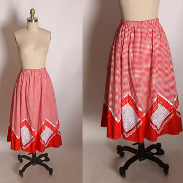 1970s Red and White Gingham Ankle Length Gingham and Lace Western Square Dance Skirt by Carefree Fashions 