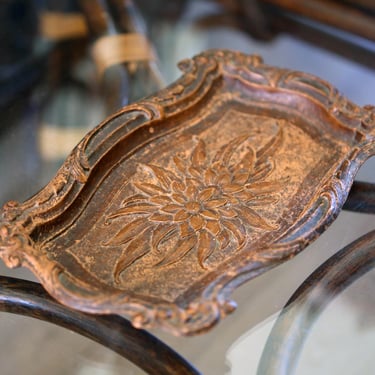 Vintage Leather Catch All Tray | floral hand carved western 