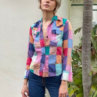 70s Patchwork Shirt /Boho Shirt / Indian Cotton Collar Blouse / Quilted Blouse / Thrashed Shirt 