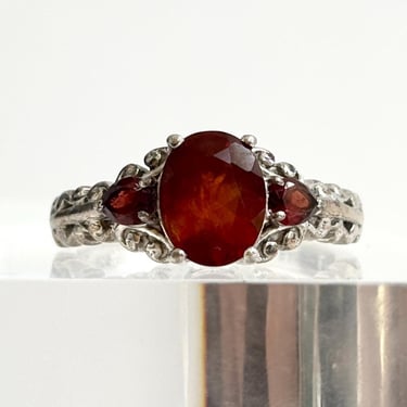 Art Deco Style Natural Multi Gemstone Garnet Ornate Carved & Cutout Sterling Silver Vintage Ring - sz 7.25 