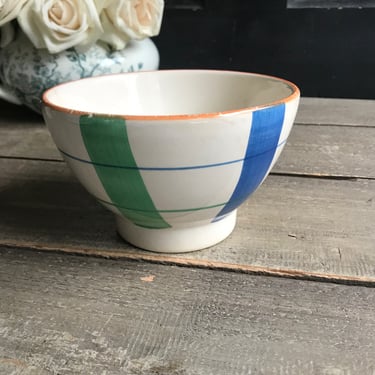 French Café au Lait Dejeuner Bowl, Small Breakfast Milk Coffee Bowl, Blue Green Orange Striped Ironstone, French Farmhouse Cuisine 