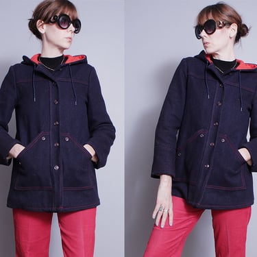 Vintage 1970's | Navy Blue and Red | Hooded | Wool | Coat | S 
