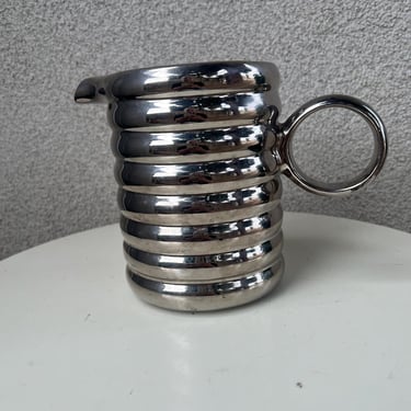 Vintage MCM Ceramic Pitcher Ribbed Silver Color Georg Jensen Style 