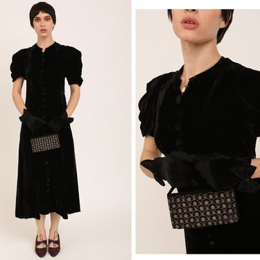 Vintage 1930s 30s Jet Black Velvet Full Length Button Gown Maxi Dress w/ Side Metal Zipper Puff Sleeves 