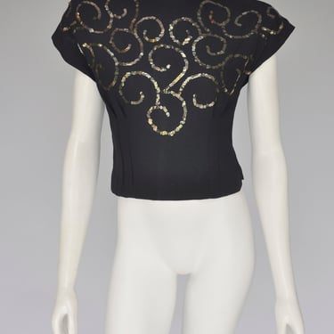 1940s black rayon blouse with swirling sequins XS/S 