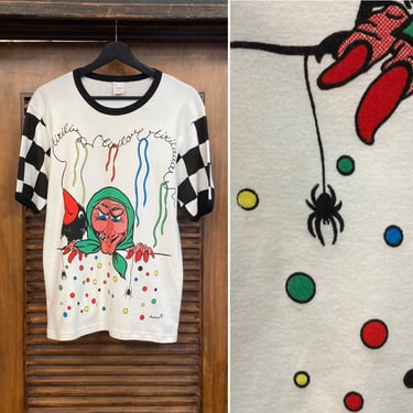 Vintage 1980’s Halloween Spider Pop Art Checkerboard Cartoon T-Shirt, 80’s Tee Shirt, 80’s Witch, Vintage Clothing 