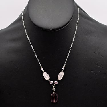 Romantic 70's cats eye pearl rose quartz purple glass 925 sterling silver paper clip chain necklace 