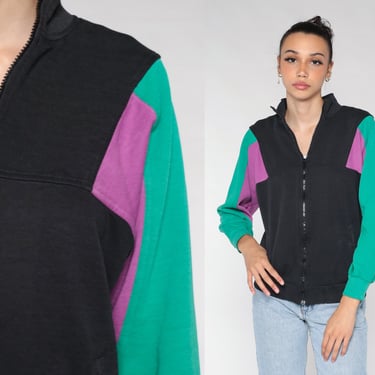 Color Block Sweatshirt 80s Zip Up Jacket Retro Black Green Purple Colorblock Warm Up Track Jacket Streetwear Sportswear Vintage 1980s Small 