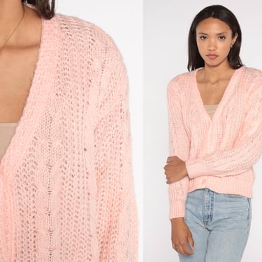 Pink Cardigan Sweater 80s Pastel Cable Knit Sweater Grandma Open Weave Semi-Sheer Baby Pink V Neck Vintage Acrylic Knit 1980s Slouchy Medium 