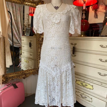 vintage 1980s sheer lace mermaid hem dress with flutter sleeves small wedding 
