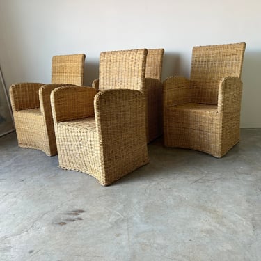 Organic Boho Chic Woven Rattan Arm Dining / Lounge Chairs - Set of 4 