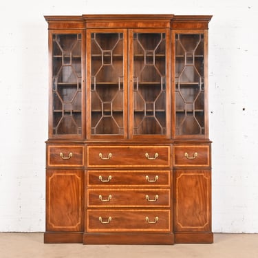 Baker Furniture Georgian Carved Mahogany Breakfront Bookcase Cabinet With Secretary Desk