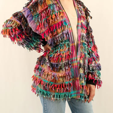 1990s Paula Sweet Muslin Mink Rainbow Plaid Fringe Jacket
