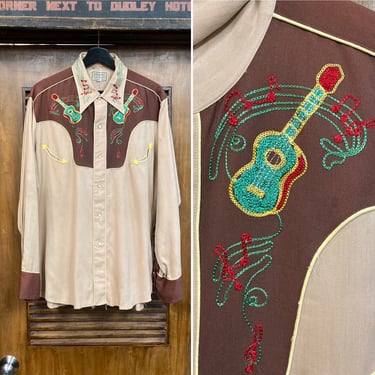 Vintage 1950’s “H Bar C Ranchwear” Cowboy Western Guitar Music Notes Rayon Rockabilly Shirt, 50’s Snap Button Shirt, Vintage Clothing 