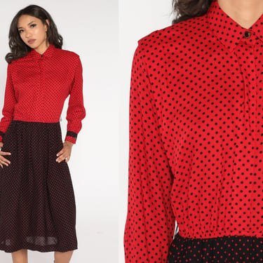 Polka Dot Dress 80s Midi Dress Red Black Collared Button up Shirtwaist Dress High Waist Long Sleeve Secretary Chic Vintage 1980s Small S 6 