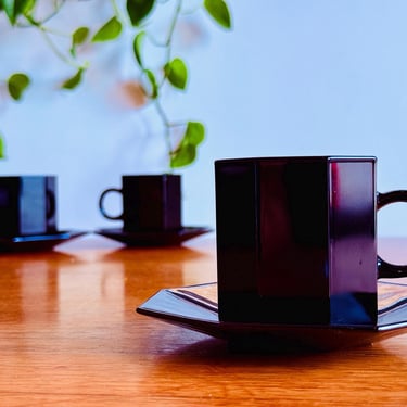 Set of Two Vintage Black Arcoroc Octime Coffee Cups With Saucers, Vintage Luminarc French Drinkware, 1980s Decor 