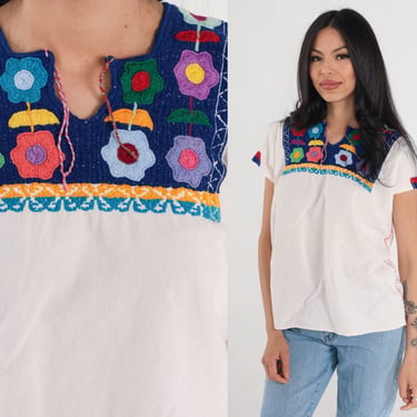 Embroidered Floral Blouse 90s White Mexican Top Peasant Hippie Cap Sleeve Boho Tent Shirt Flower Embroidery Vintage 1990s Cotton Medium M 