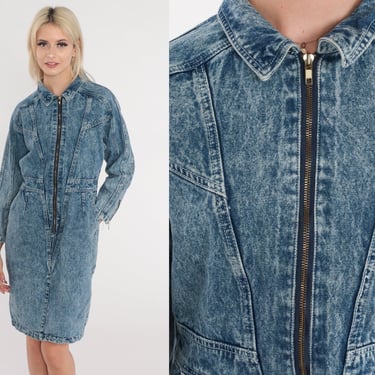 Denim Mini Dress 80s 90s Jean Acid Wash Dress Zip Up Sheath 1990s Long Sleeve Blue Jean Dress Vintage Front Zipper Minidress Medium 