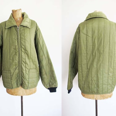Vintage 60s Army Green Quilted Jacket M  - 1960s Sears Zip Up Bomber Jacket - Gender Neutral 