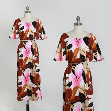 Penneys Hawaiian dress | Vintage 60s 70s Tropical Hawaiian maxi dress | Angle wing Neon floral Lily barkcloth 