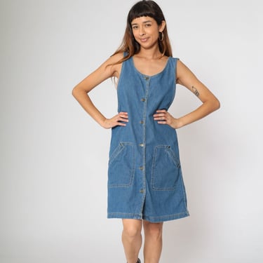 Vintage Denim Jumper Dress 90s Button up Mini Jean Dress Retro Sleeveless Blue Pinafore Dress Casual Pockets Low Armhole Retro 1990s Large L 